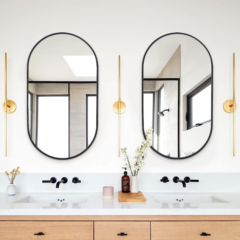 Photo 1 of 2 COFENY Oval Mirrors, 17"x30" Black Bathroom Mirror with Metal Frame, Wall Mount Mirrors Decor for Bedroom Living Room?Entryway Hangs Horizontal or Vertical