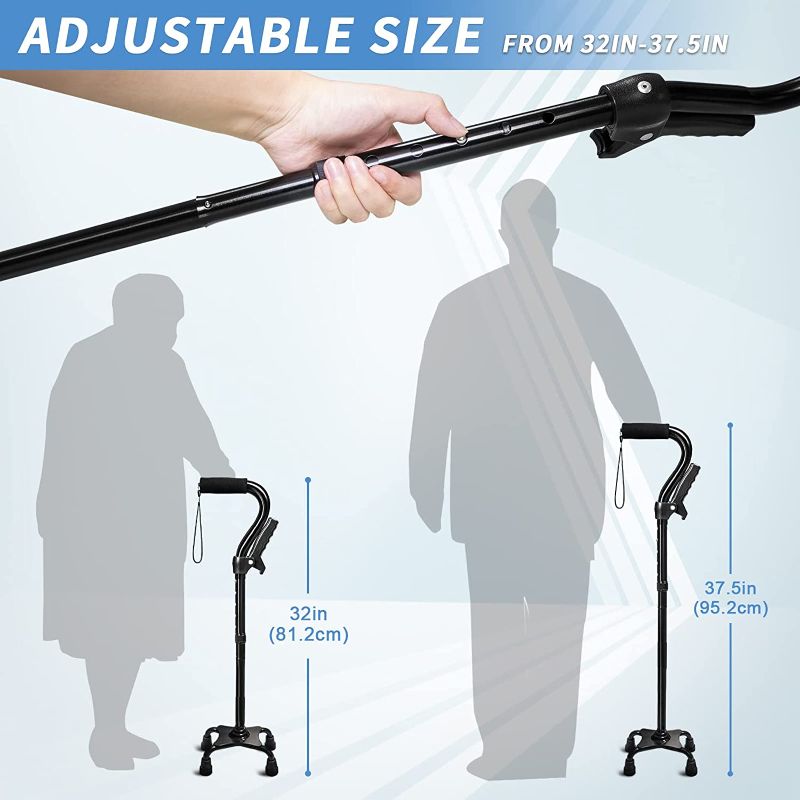 Photo 5 of Adjustable Walking Cane for Men & Women with 4-Pronged Base for Extra Stability - Foldable Cane for Seniors with Foam Padded Offset Handle for Soft Grip & a Second Handle for Standing