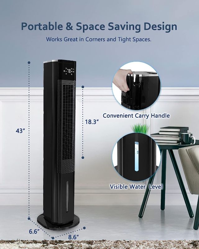 Photo 7 of Evaporative Air Cooler, 42" Portable Air Conditioner for Room, 3 In 1 Windowless Air Cooler, 1.3 Gallon Water Tank, 90° Oscillating, 4 Mode & 3 Speed, 12H Timer, 4 Ice Boxes, Remote Control,Black 43 inch