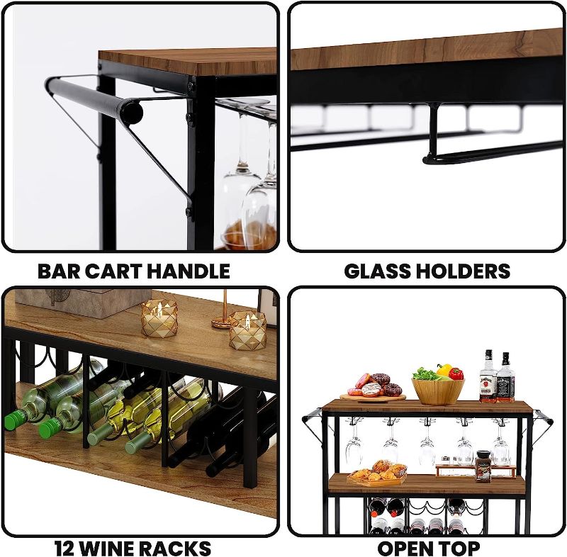 Photo 6 of 3-Tier Freestanding Wine Rack Table, Bar Carts for The Home with Glass Holder, Mini Home Bar, Industrial Liquor Carts on Wheels, Rustic Wood and Metal Coffee Station for Dining Room, Kitchen Country Rustic