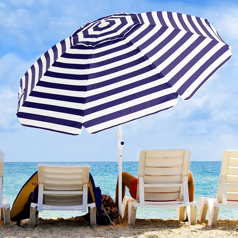 Photo 1 of 6.5FT Beach Umbrella Portable Outdoor Patio Sun Shelter with Sand Anchor, Fiberglass Rib, Push Button Tilt and Carry Bag Navy&White