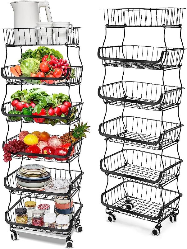 Photo 1 of 6 Tiered Fruit Basket for Kitchen Stackable Wire Baskets with Wheels and Anti Skid Feet Kitchen Storage Cart Bin Snack Stand Fruit and Vegetable Basket Rack for Potato Onion Pantry Organizer
