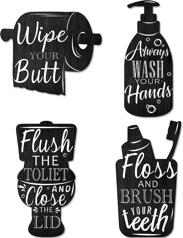 Photo 1 of 4 PCS Bathroom Wooden Wall Signs Wash Brush Floss Flush Sign Wall Decor Vintage Bathroom Wall Art Home Bathroom Laundry Room Decor, Black