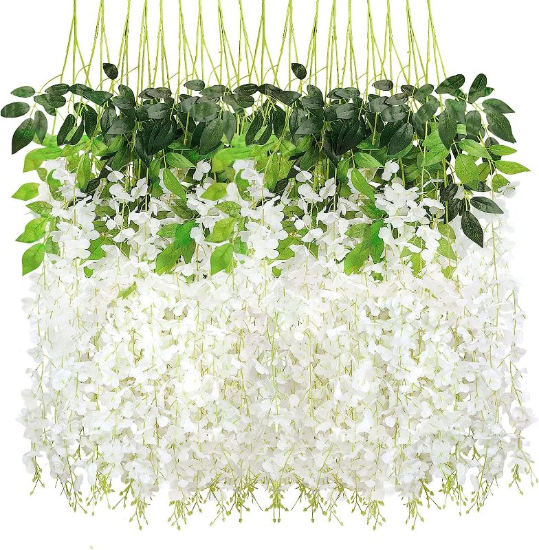 Photo 1 of 18 Pack Wisteria Hanging Flowers 3.7 Feet Artificial Flowers Fake Wisteria Vine Hanging Garland Silk Flowers String for Wedding Party Home Greenery Wall Decor (White)
