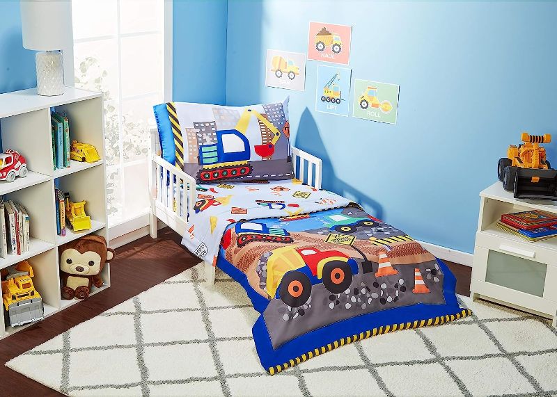 Photo 1 of  4 Piece Toddler Bedding Set - Under Construction - Includes Comforter, Flat Sheet, Fitted Sheet and Reversible Pillowcase