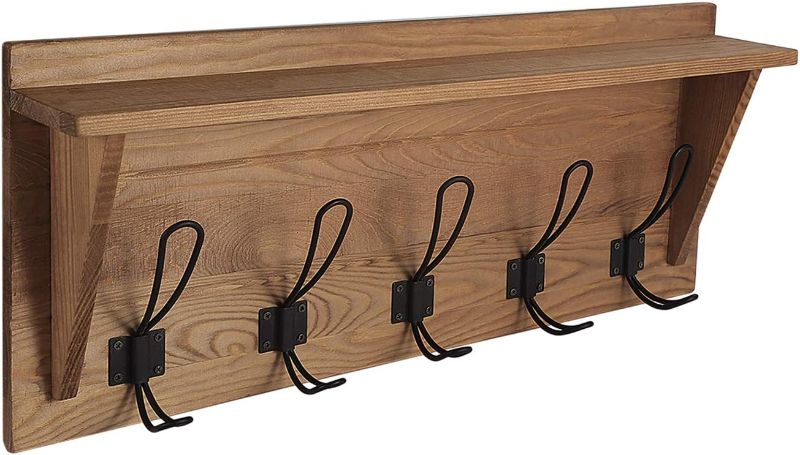 Photo 1 of  Wall Shelf with Hooks, Wall Coat Rack with Double Loop Hooks, 24-Inch Vintage Brown Entryway Shelf with Coat Hooks Wall Mounted Rustic Farmhouse Wood Floating Shelves with Coat Hanger
