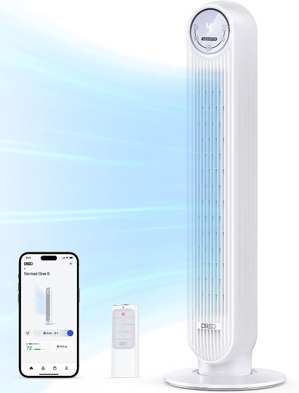 Photo 1 of Dreo Tower Fan with Remote, Smart Oscillating Quiet Fans for Bedroom, Bladeless Standing Cooling Floor Fan with WiFi Voice Control Blow Cold Air, 4 Modes, 4 Speeds, 8H Timer, Works with Alexa/Google