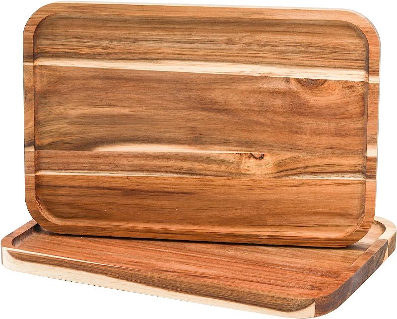Photo 1 of  Set of 2 Acacia Wood Serving Tray with Raised Lip, 14.2 x 9.5 Inch Rectangular Serving Tray, Appetizer Cheese Plate, Sandwich Dessert Trays, Wood...