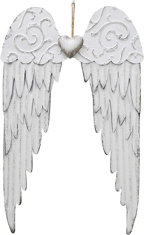 Photo 1 of Angel Wings Wall Decoration, Antique Hanging Metal Angel Wings Wall Décor with Heart Decorative Angel Wings Wall Sculpture Indoor Outdoor Wall Decor Hanging...