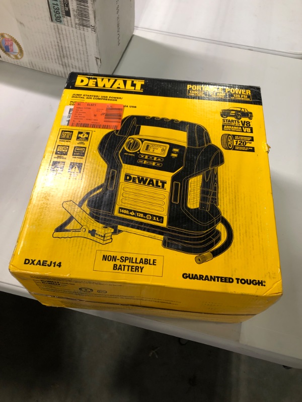 Photo 2 of DEWALT DXAEJ14 Digital Portable Power Station Jump Starter: 1400 Peak/700 Instant Amps, 120 PSI Digital Air Compressor, 3.1A USB Ports, Battery Clamps , Yellow