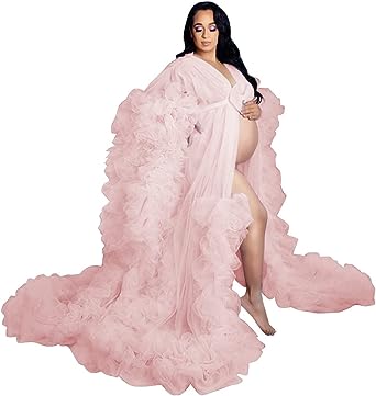 Photo 1 of ZHCHUI Women's Tulle Robe for Maternity Photoshoot Sheer Bridal Dressing Gown Sexy Puffy Pregnancy Dress Bathrobe Nightgown