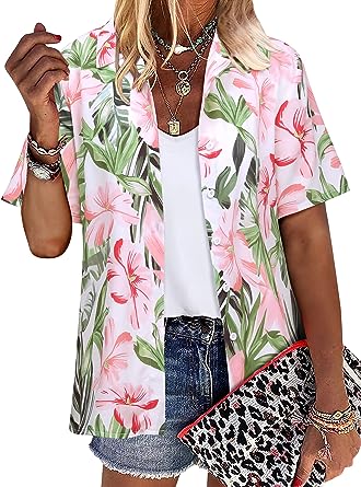 Photo 1 of Women Hawaii Shirts Soft Cool Floral Tropic Print V Neck Summer Tops Short Sleeve Button Up Tops T-Shirt