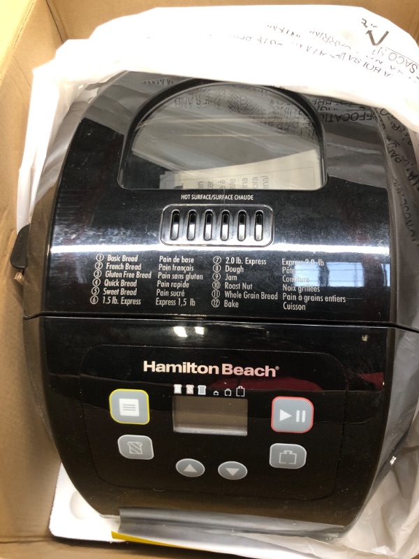 Photo 2 of ****DAMAGED COVER******* Hamilton Beach Bread Maker Machine, Digital, Programmable, 12 Settings + Gluten Free, Dishwasher Safe Pan + Kneading Paddle, 2 lb Capacity, Black (29982) Black, New For 2023