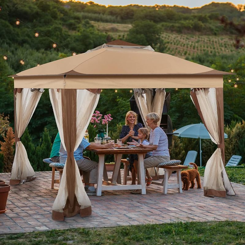 Photo 1 of 11'x11' Patio Gazebo 2-Tier Outdoor Pop up Canopy Tent with Netting Sidewalls Brown