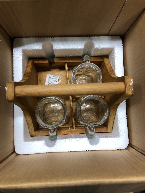 Photo 2 of BARGIFTS 4 Pack glass mason cups-16oz with handles,Coffee Glasses with Solid Wood Baskets, drinking glass with lids& straws for Party