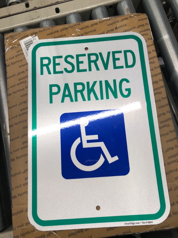 Photo 2 of SmartSign 18 x 12 inch “Reserved Parking - Van Accessible” Handicapped Parking Metal Sign, 63 mil Aluminum, 3M Laminated Engineer Grade Reflective Material, Green, Blue and White Aluminum 12" x 18"