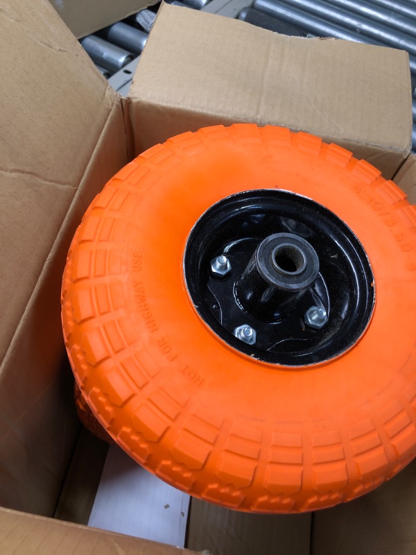 Photo 4 of 10" Flat Free Tires Solid Rubber Tyre Wheels?4.10/3.50-4 Air Less Tires Wheel with 5/8" Center Bearings?for Hand Truck/Trolley/Garden Utility Wagon Cart/Lawn Mower/Wheelbarrow/Generator?4 Pack, Orange 12.4 Pounds Orange
