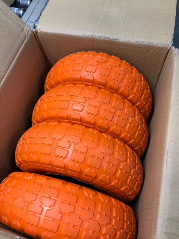 Photo 3 of 10" Flat Free Tires Solid Rubber Tyre Wheels?4.10/3.50-4 Air Less Tires Wheel with 5/8" Center Bearings?for Hand Truck/Trolley/Garden Utility Wagon Cart/Lawn Mower/Wheelbarrow/Generator?4 Pack, Orange 12.4 Pounds Orange