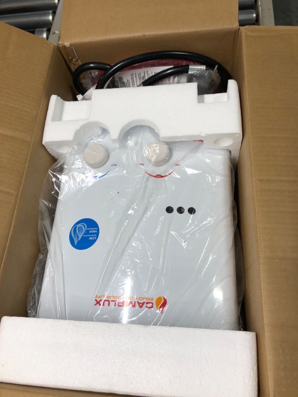 Photo 3 of ***GAS INLET BROKEN  - FOR PARTS ONLY*** CAMPLUX 5L 1.32 GPM Outdoor Portable Propane Tankless Water Heater with 12V 1.2GPM DC Water Pump 35PSI