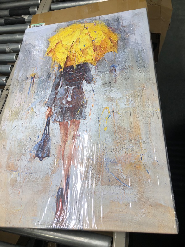 Photo 3 of Abstract Canvas Print A Rainy Walk Painting Girl with Yellow Umbrella Wall Art Modern Artwork for Office Home Deco Yellow Umbrella 24.00" x 36.00"