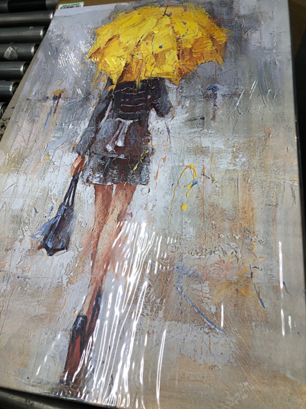 Photo 5 of Abstract Canvas Print A Rainy Walk Painting Girl with Yellow Umbrella Wall Art Modern Artwork for Office Home Deco Yellow Umbrella 24.00" x 36.00"