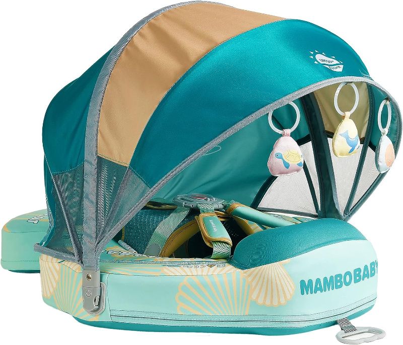 Photo 1 of HECCEI Add Tail Newest Mambobaby Baby Swim Float with Canopy Solid Pool Infant Swim Trainer Swimming Training Lying Air Free Water Floats Non-Inflatable Waist Swim Ring for Toddlers (shell green)