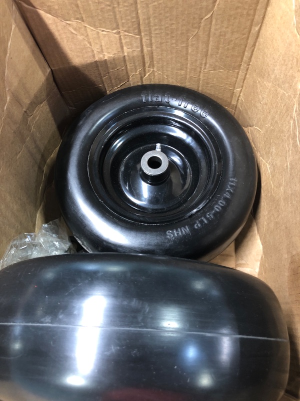 Photo 4 of 11x4-5 Lawn Mower Tires on Wheel, Flat Free Solid Smooth Tread Zero Turn & Garden Tractor Mowers Tire Assembly, 3/4" or 5/8" Bushing, 3.4"-4"-4.5-5" Centered Hub, 2 Pack