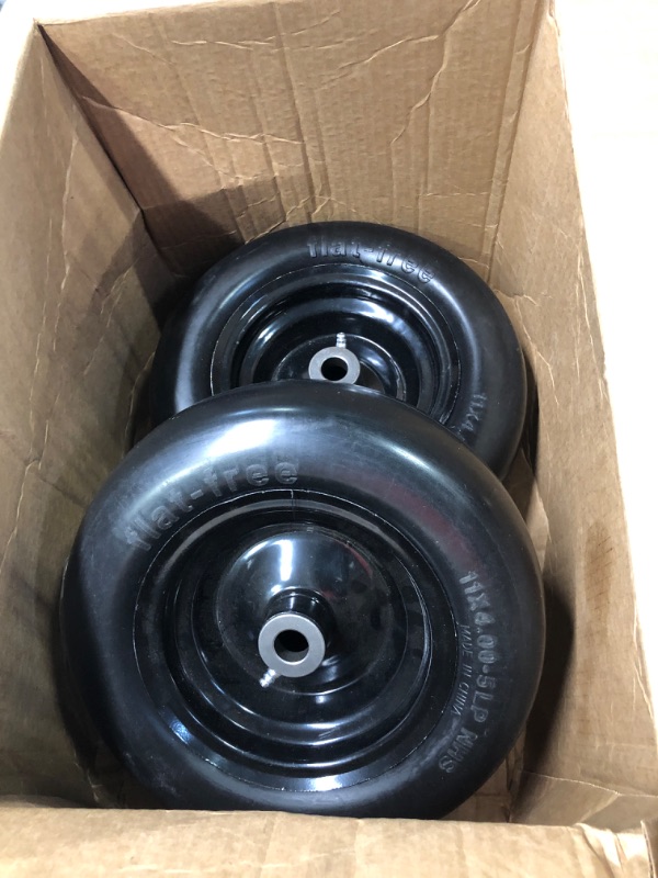 Photo 3 of 11x4-5 Lawn Mower Tires on Wheel, Flat Free Solid Smooth Tread Zero Turn & Garden Tractor Mowers Tire Assembly, 3/4" or 5/8" Bushing, 3.4"-4"-4.5-5" Centered Hub, 2 Pack