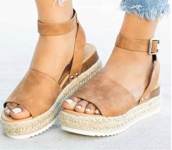 Photo 1 of DaVanck European and American Style Sandals Women 2021 Summer Large Size Buckle Sandals Women Hemp Rope Woven Wedge Sandals Women Khaki