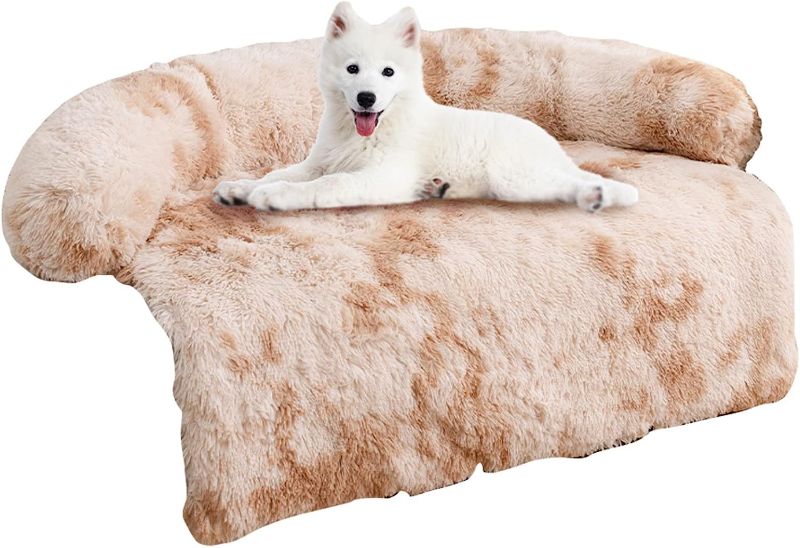 Photo 1 of Auemtyn Calming Dog Bed,Fluffy Plush Dog Bed for Furniture Protector,Tie-dye Non-Slip Dog Bed Couch Protector with Removable Washable Cover for Large Medium Small Dogs and Cats(35"x31"x5",Khaki)