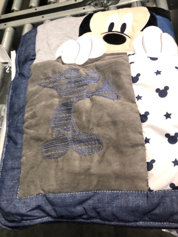 Photo 3 of Disney Mickey Mouse 4 Piece Hello World Denim/Star/Icon Nursery Crib Bedding Set, Navy, Grey, White Mickey Mouse - Hello World