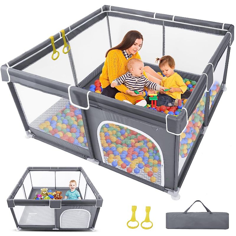 Photo 1 of Grobeybees Baby Playpen for Toddler and Babies, Baby Playard, Indoor & Outdoor Kids Activity Center with Anti-Slip Base, Play Yard with Soft Breathable Mesh, Baby Fence Play Area(Grey)