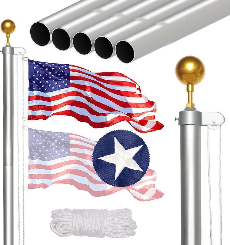 Photo 1 of NELXINJO 20FT Sectional Flag Pole Kit, Heavy Duty Aluminum Outdoor In-Ground Flagpole, Gold Ball Top, 3x5 USA Flag for Residential commercial Outdoor Garden(20FT, Silver)