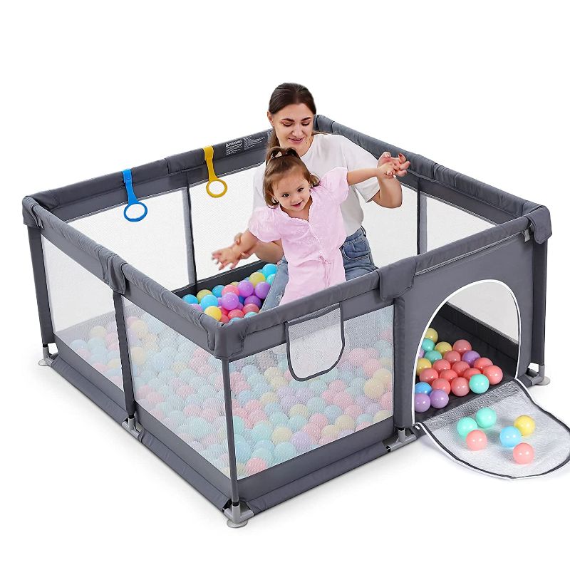 Photo 1 of Baby Playpen, 50x50 Playpen with Zipper Gates, Playpen for Babies and Toddlers, Play Yard with Pull-up Rings, Visible Mesh, Safety Anti-Fall Sturdy Baby Play Pen, Waterproof Oxford Cloth(Black) Black 50*50 Inch (ONLY THE PLAYPEN MESH NO POLES)