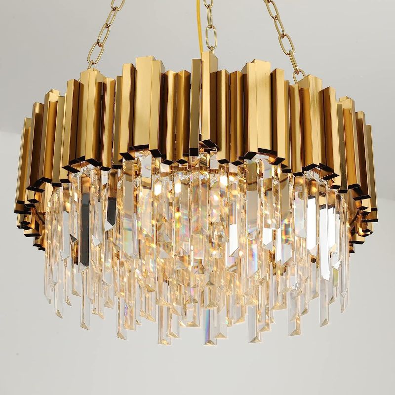 Photo 1 of  Modern Crystal Chandelier Gold Pendant Light Fixture with Brass Base Clear Cylinder Shade Adjustable 20 pcs