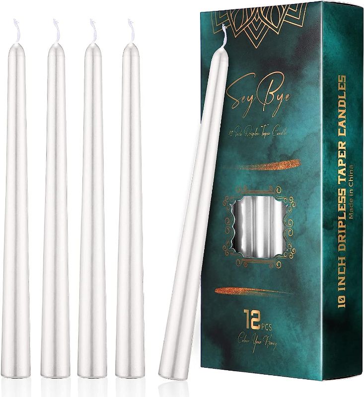 Photo 1 of 10 Inch Taper Candles, 12 Pack Tall Unscented Dripless Candles with Cotton Wicks Perfect for Dinner, Party, Wedding or Farmhouse Decor, 7-9 Hour Burn Time- 7/8" Base (10 inch/Glossy, White)
