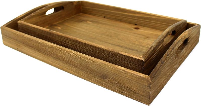 Photo 1 of 
CVHOMEDECO. Primitives Wooden Nesting Tray Country Farmhouse Wood Serving Tray for Dining Tableware, Kitchen, Food, Breakfast, Coffee, Bar, Party or Display. Set of 2