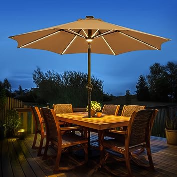 Photo 1 of BLUU MAPLE 9 FT Outdoor Solar Patio Umbrella LED Table Umbrellas with 16 LED Strip Lights & Hub Light, Aluminum Frame, 3 YEARS Fade Resistance & UV Protection Olefin Fabric - CREAM BEIGE
