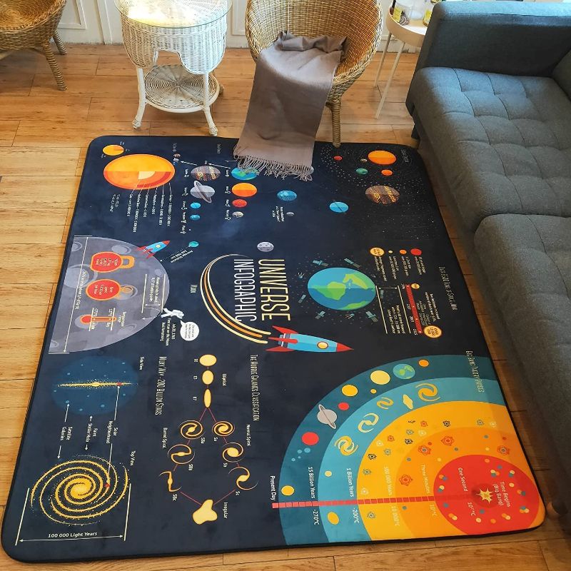 Photo 1 of @UNACA1S1A Kids Rugs for Playroom Outer Space Kids Rug Thick Memory Foam Kids Play Rugs Play Mat with Non-Slip Space Rugs for Kids Bedroom, Black 60X72inch
