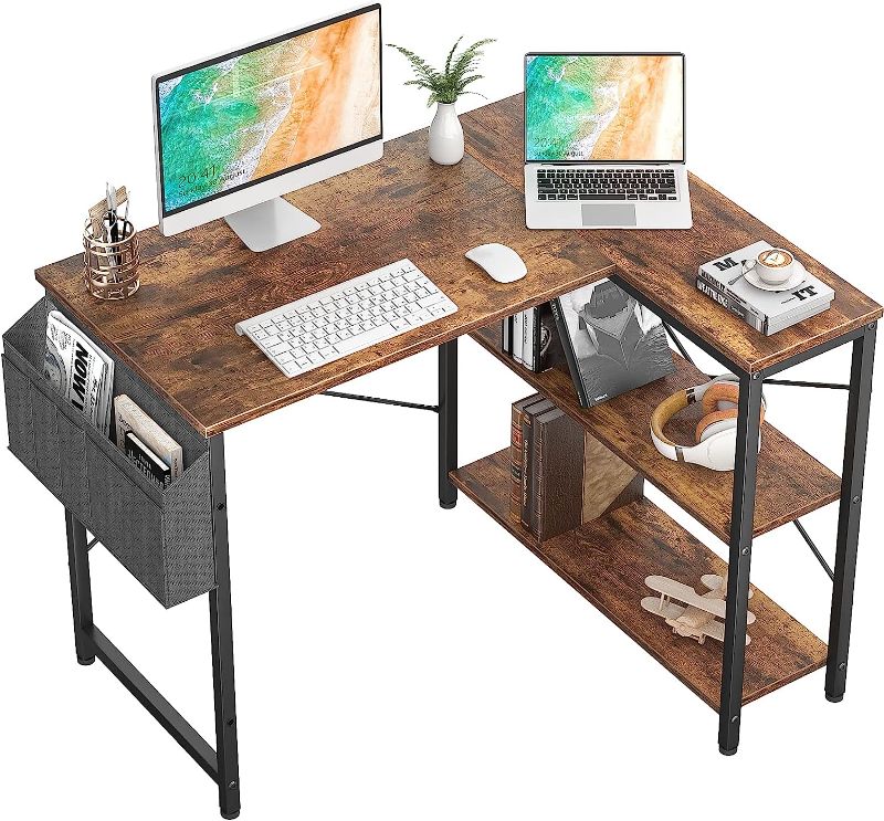 Photo 1 of Homieasy Small L Shaped Computer Desk, 39 Inch L-Shaped Corner Desk with Reversible Storage Shelves for Home Office Workstation, Modern Simple Style Writing Desk Table with Storage Bag(Rustic Brown)
