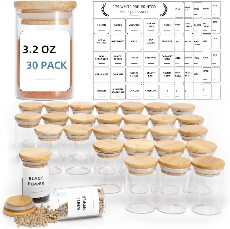 Photo 1 of 
30 Pack Glass Spice Jars Set, 3.2oz (95ml) Mini Spice Jar with Bamboo Airtight Lids and 180 Spice Jar Square Labels Preprinted, Thicken Seasoning Containers, Food Storage for Pantry, Tea, Herbs, Salt
