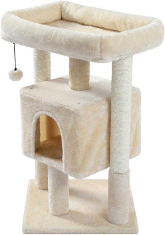 Photo 1 of 28.4 Inches Small Cat Tree for Indoor Cats Polyester Plush Cat Tower with Beige Condos, Spacious Perch,Scratching Sisal Posts Plush-Covered Posts and Replaceable Dangling Balls
