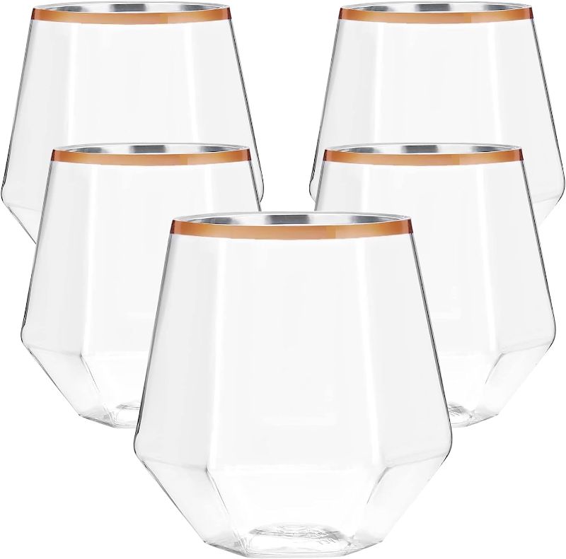 Photo 1 of 20 count Diamond Unbreakable Stemless Plastic Wine Champagne Whiskey Glasses Elegant Durable Disposable Indoor Outdoor Ideal for Home, Office, Wedding, 12 Ounce Cups Rose Gold Rim (Rose Gold)
