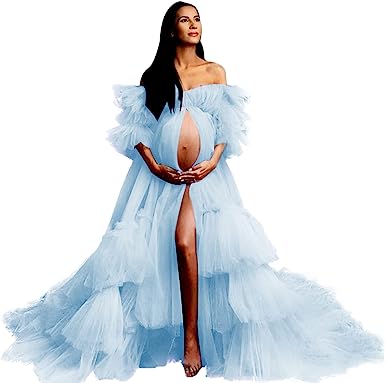 Photo 1 of MASHENGYUE Ruffles Puffy Tulle Maternity Dress for Photoshoot Gown Long Bridal Baby Shower Pregnancy Robe-3XL BABY BLUE