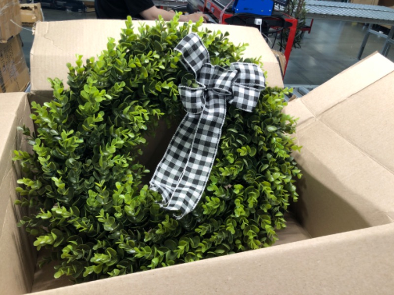 Photo 3 of 23" Faux Round Boxwood Wreath, Vlorart Artificial Boxwood Wreath Front Door Wreaths Artificial Spring Summer Greenery Hanging with A Plaid Bow for Front Door Wall Hanging Window Wedding Party Decor 23inch