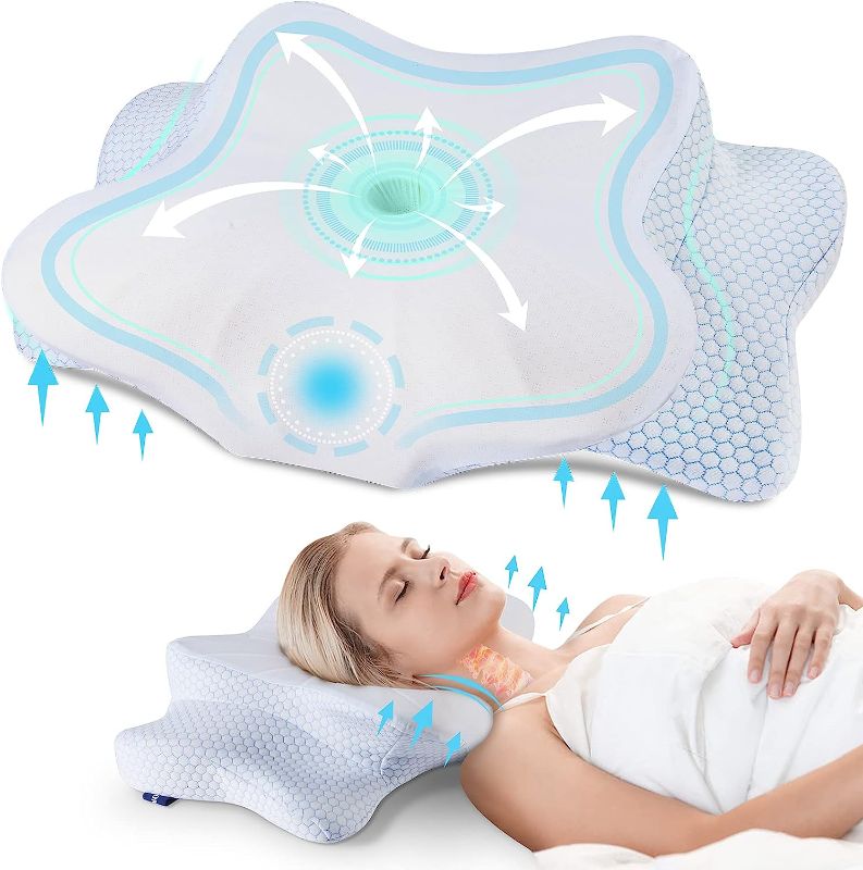 Photo 1 of DONAMA Cervical Pillow for Neck Pain Relief,Contour Memory Foam Pillow,Ergonomic Orthopedic Neck Support Pillow for Side,Back and Stomach Sleepers with Breathable Pillowcase-Blue
