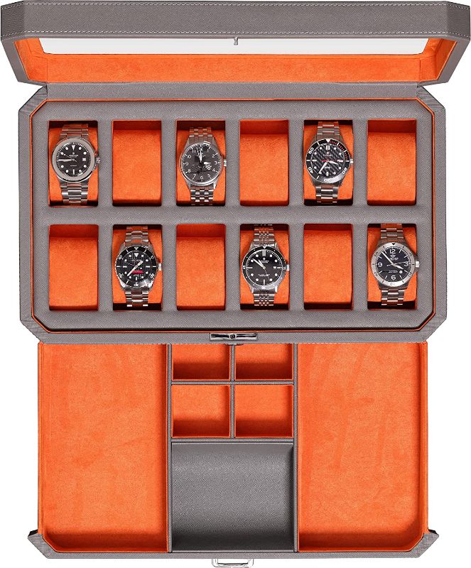 Photo 1 of ROTHWELL 12 Slot Leather Watch Box with Valet Drawer - 12 Slot Luxury Watch Case Display Organizer, Microsuede Liner, Mens Accessories Holder, Jewelry Case, Jewelry Display Organizer (Grey/Orange)