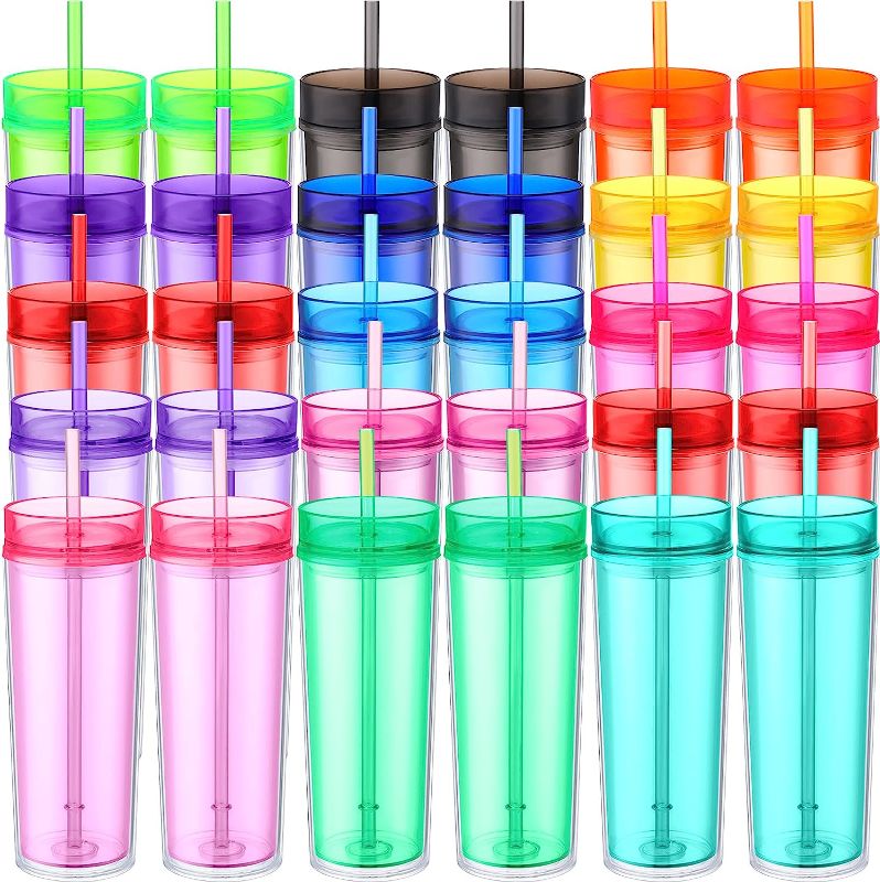 Photo 1 of 30 Pieces Skinny Tumblers with Lids and Straws 16 oz Double Wall Skinny Tumbler Bulk Plastic Water Tumbler Assorted Acrylic Skinny Straw Coffee Cup for Home School Office Birthday DIY Gift Travel