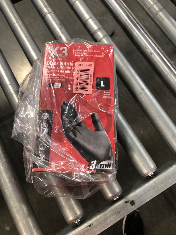 Photo 2 of X3 Black Nitrile Disposable Industrial-Grade Gloves 3 Mil, Latex and Powder-Free, Food-Safe, Non-Sterile, Lightly-Textured Medium (Pack of 100) Box of 100