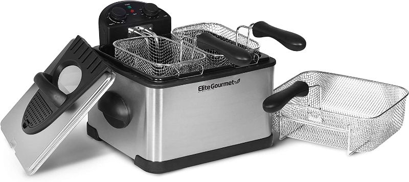 Photo 1 of Elite Gourmet EDF-401T Electric Immersion Deep Fryer 3-Baskets, 1700-Watt, Timer Control, Adjustable Temperature, Lid with Viewing Window and Odor Free Filter, Stainless Steel and Black
